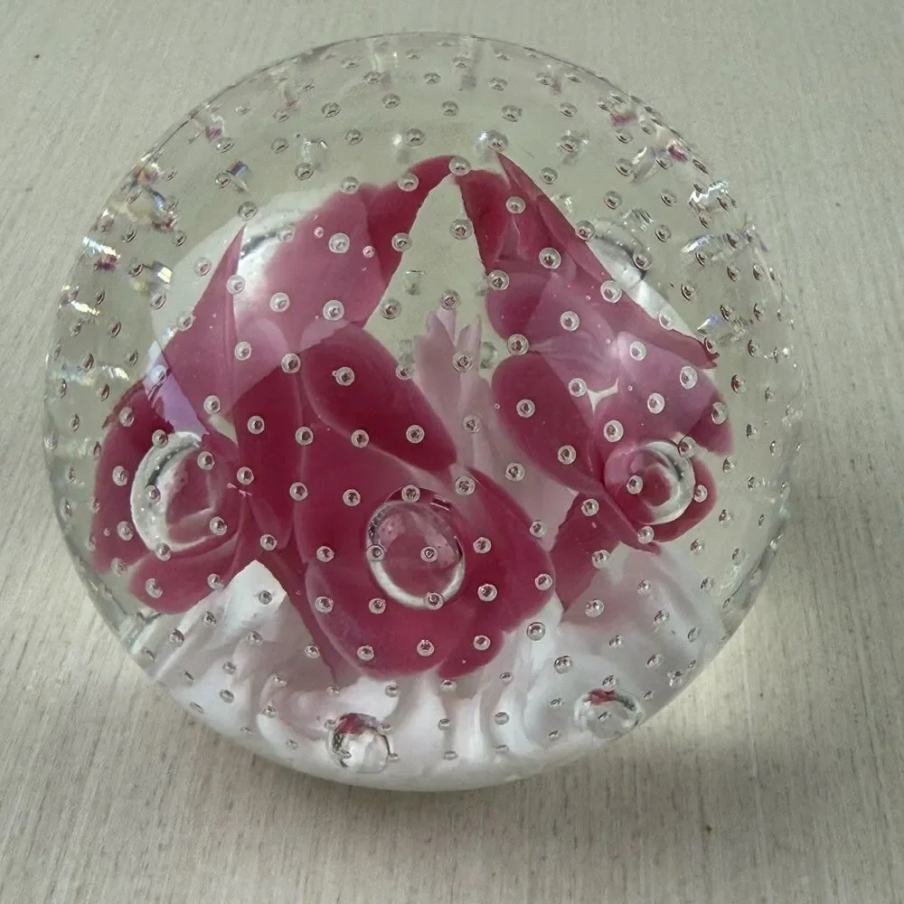 Vintage Joe St Claire Pink Trumpet Flowers Controlled Bubble Paper Weight 3”